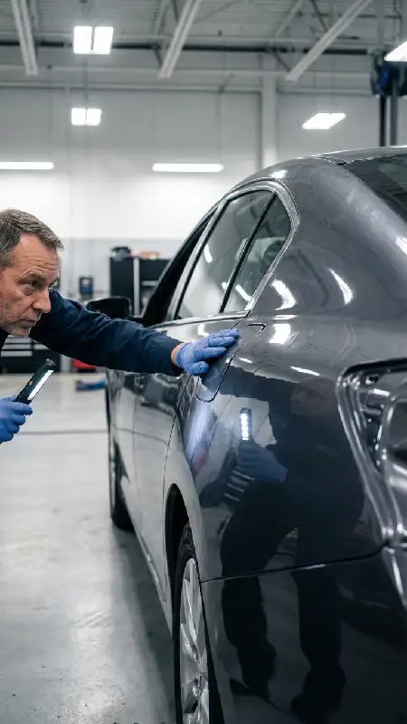 کارشناس در حال بررسی دقیق بدنه برای تشخیص تصادف و بتونه کاری