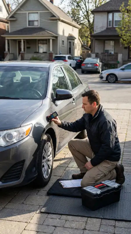 کارشناس خودرو سیار در حال بررسی بدنه خودرو در محل مشتری