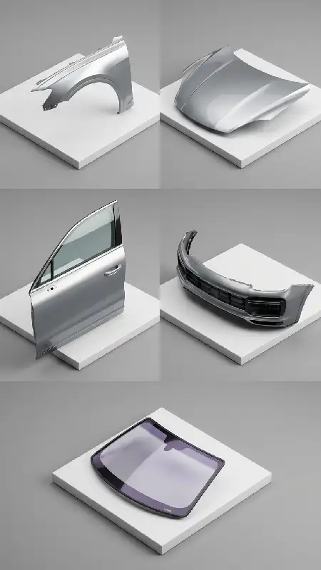 قطعات بدنه خودرو شامل گلگیر، درب، کاپوت، سپر و شیشه