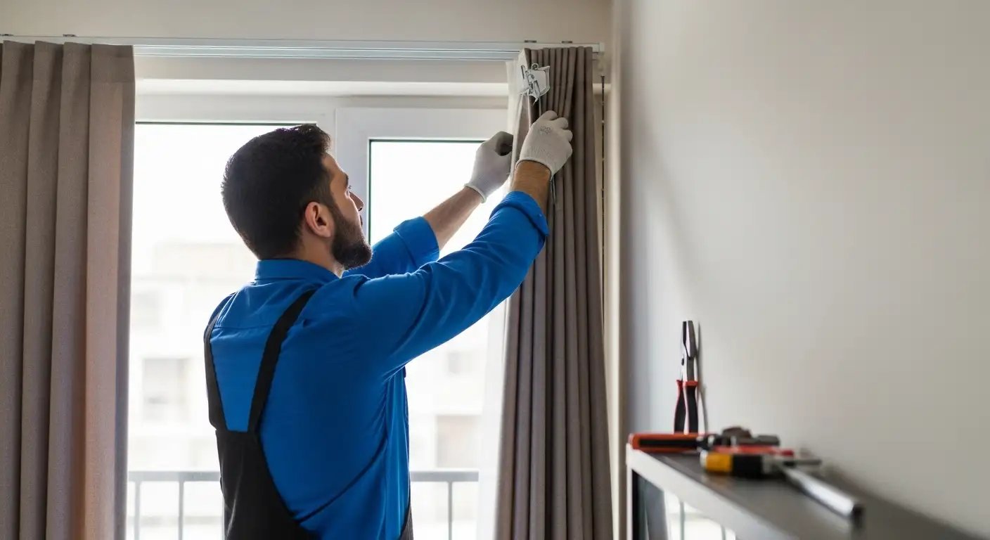 نمایش فرآیند نصب حرفه ای پرده توسط تکنسین های مجرب در محل مشتری