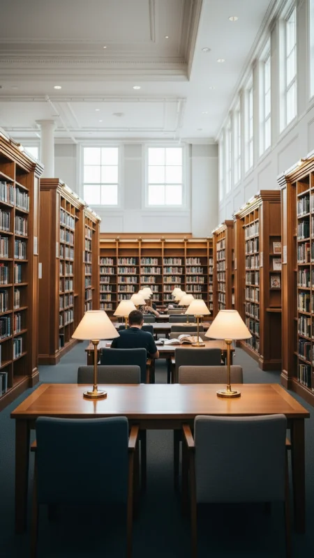 کتابخانه عمومی با سالن مطالعه و قفسه های کتاب در تهران