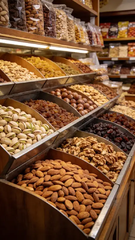 انواع خشکبار شامل پسته، بادام، گردو، ماکادمیا و کشمش در فروشگاه خشکبار