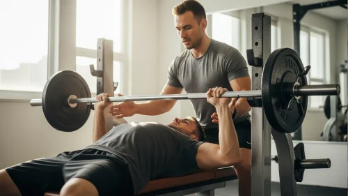 مربی شخصی در حال آموزش حرکات بدنسازی به یک ورزشکار